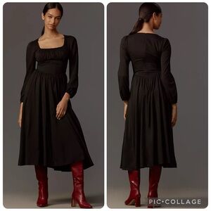 NWT Reformation Oria Black Sweetheart Long Sleeve Organic Cotton Midi Dress Sze4